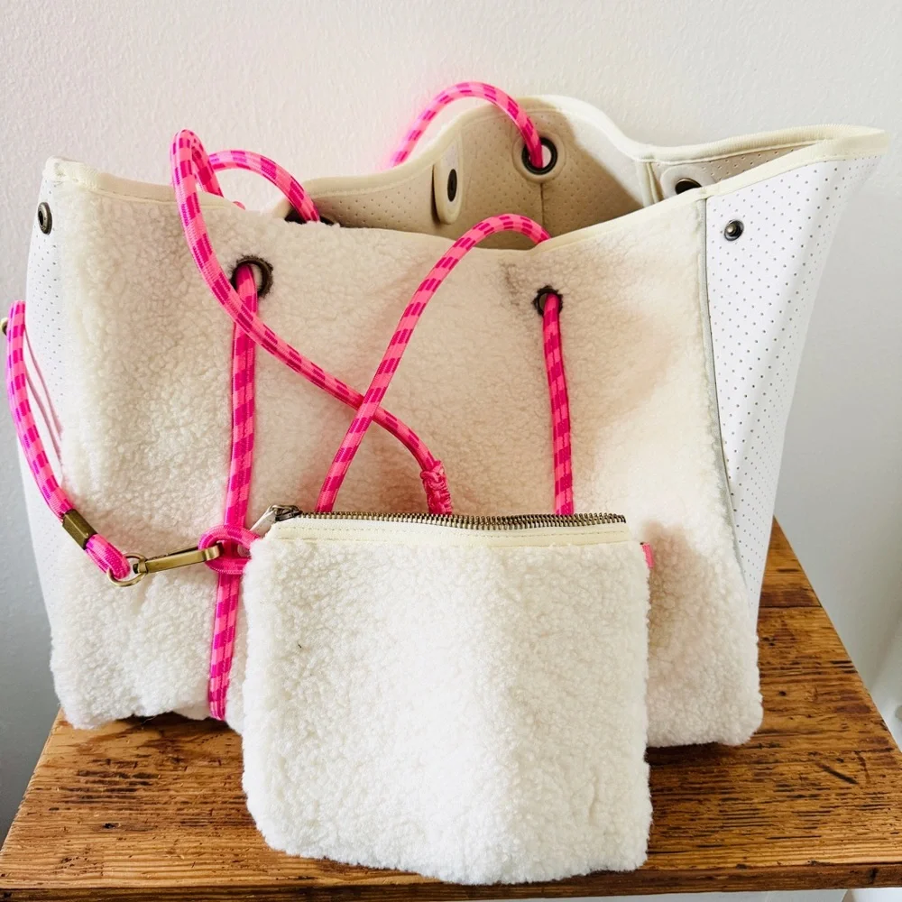 Anthropologie Annie Faux Sherpa Tote Bag in Crema with Pink Cord Handle